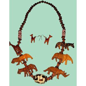Hand-Carved African Animal Necklace & Giraffe Earrings Set